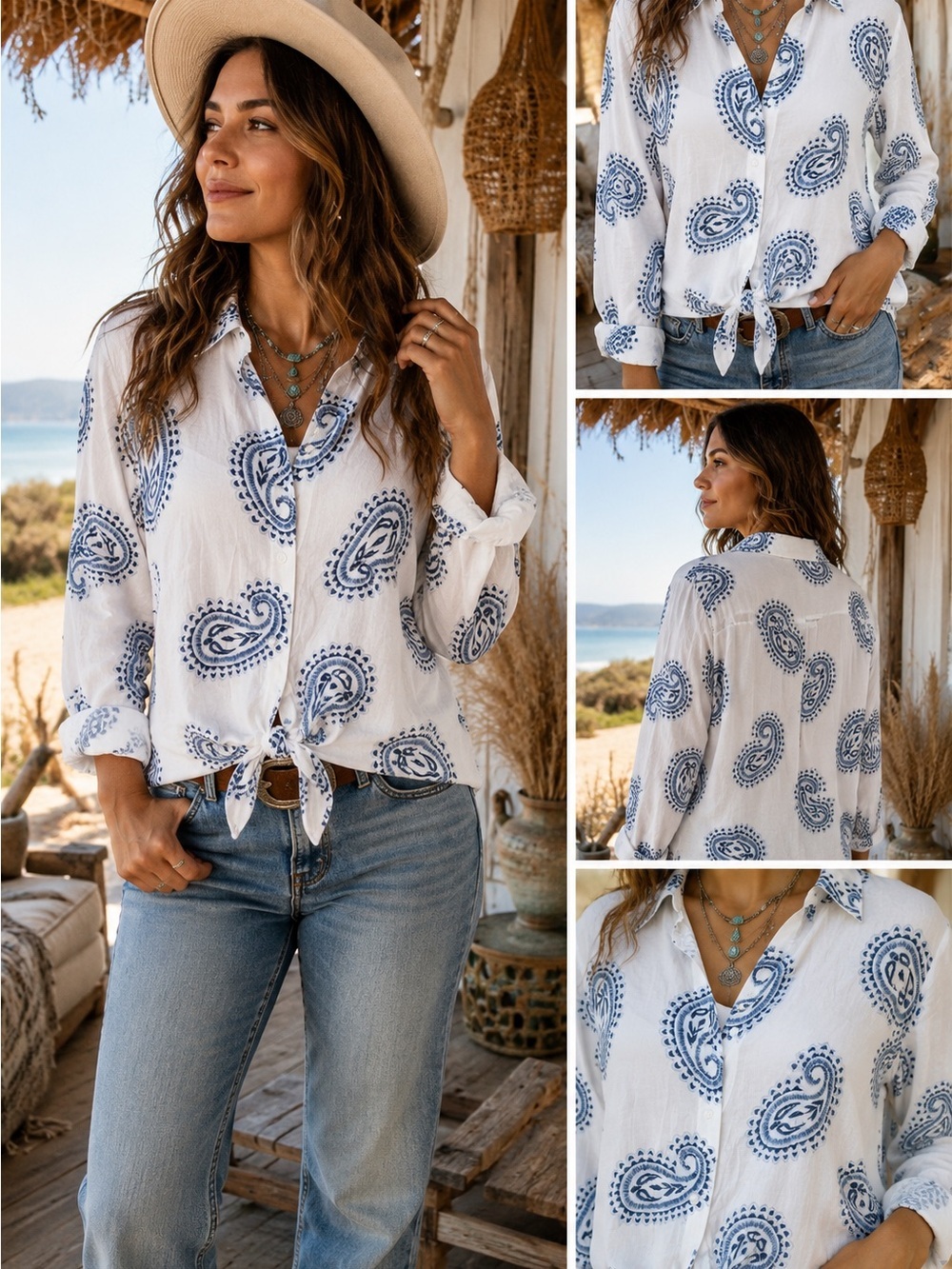 Halogen White Button-Down Shirt with Blue Paisley Print
